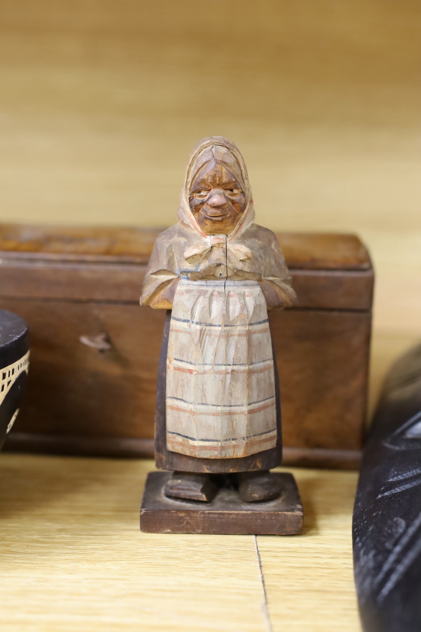 A Chinese carved wood circular tray, an oak dome-topped box and three other items